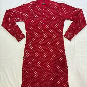 Red Patterned Long Sleeve Kurta